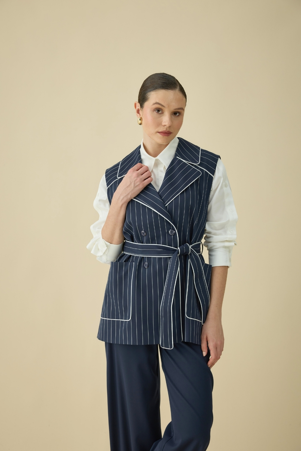 ÇİZGİLİ YELEK TAKIM LACİVERT - 1
