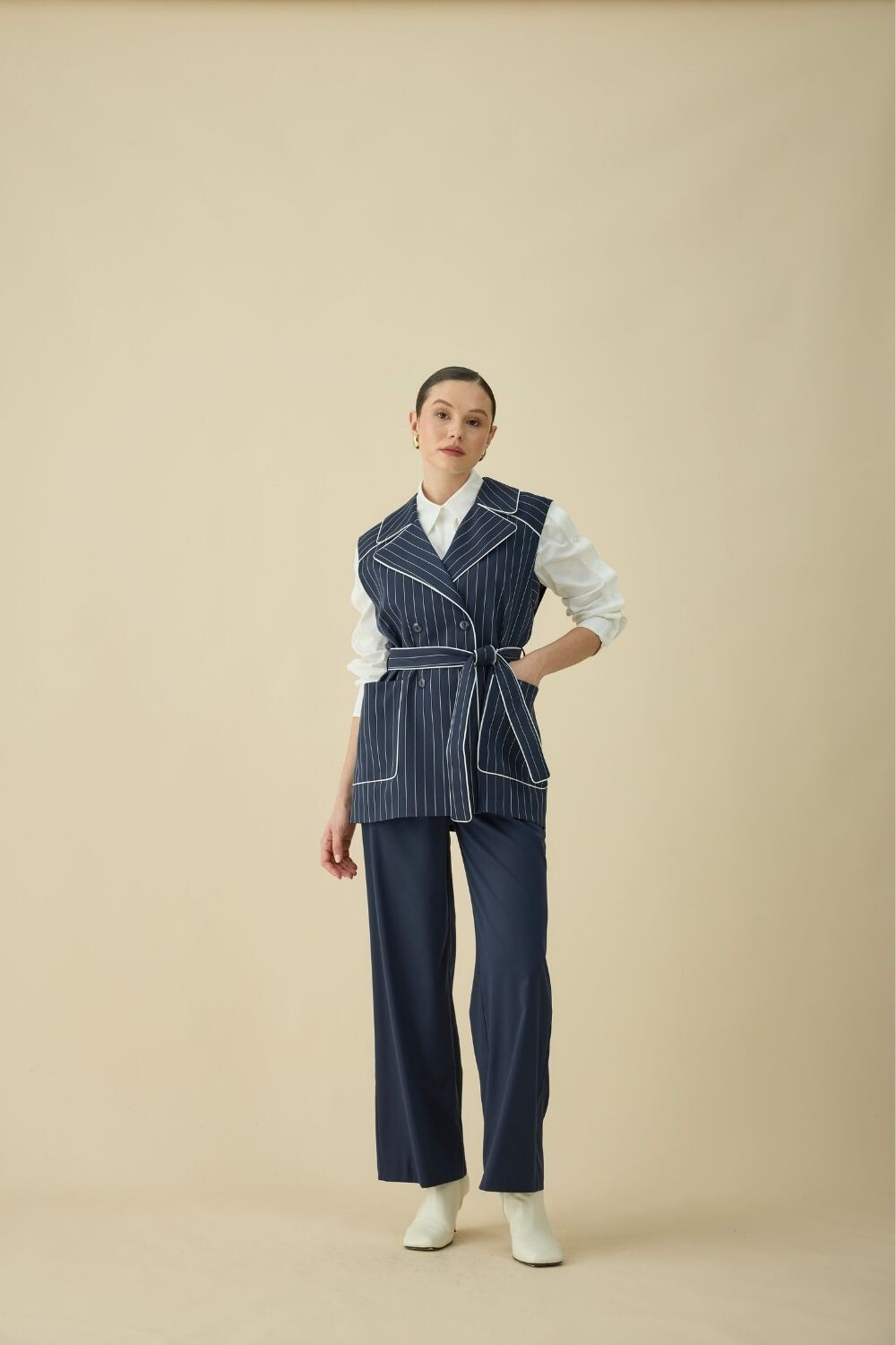 ÇİZGİLİ YELEK TAKIM LACİVERT - 2