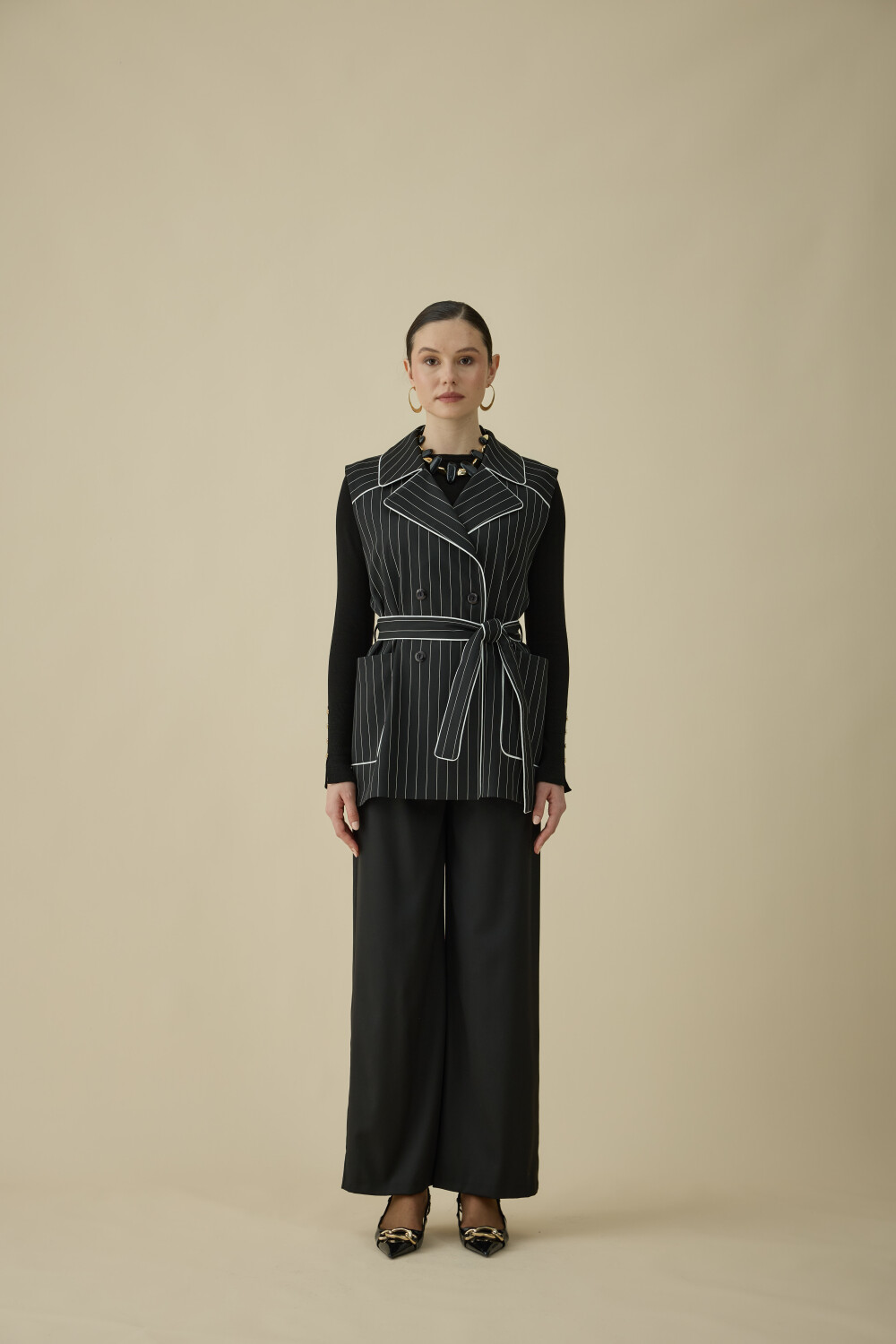 ÇİZGİLİ YELEK TAKIM SİYAH - 3