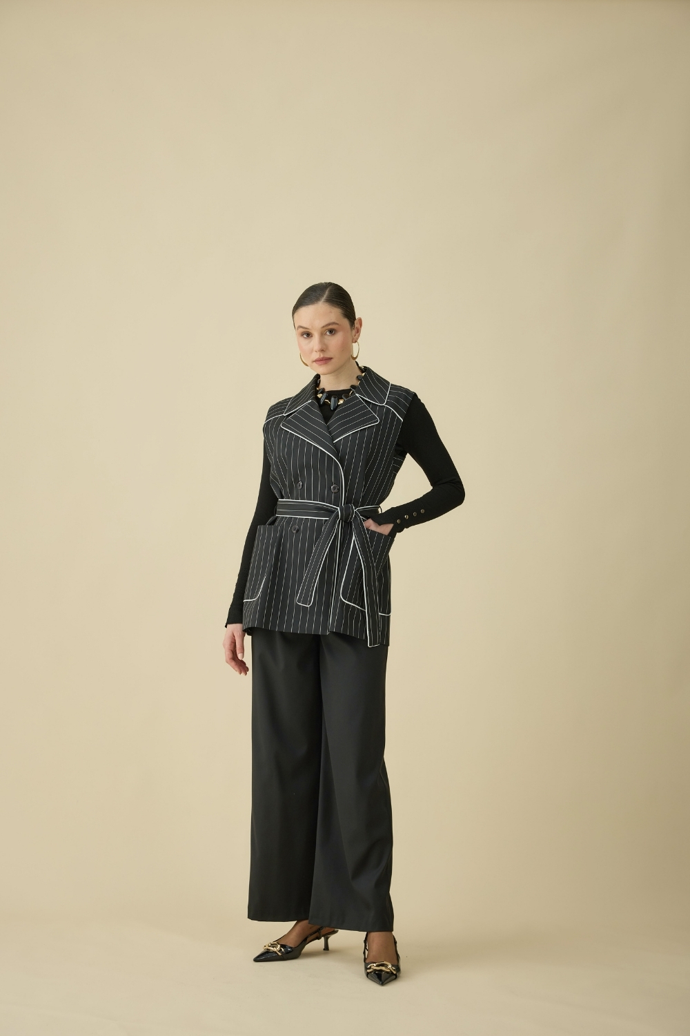 ÇİZGİLİ YELEK TAKIM SİYAH - 1