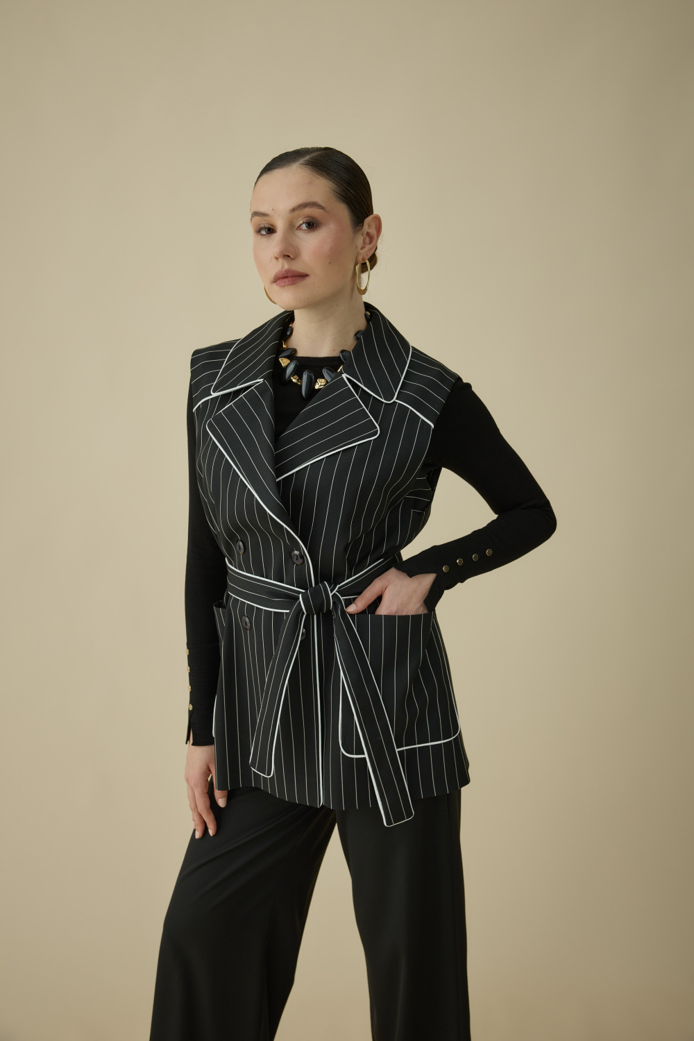 ÇİZGİLİ YELEK TAKIM SİYAH - 2