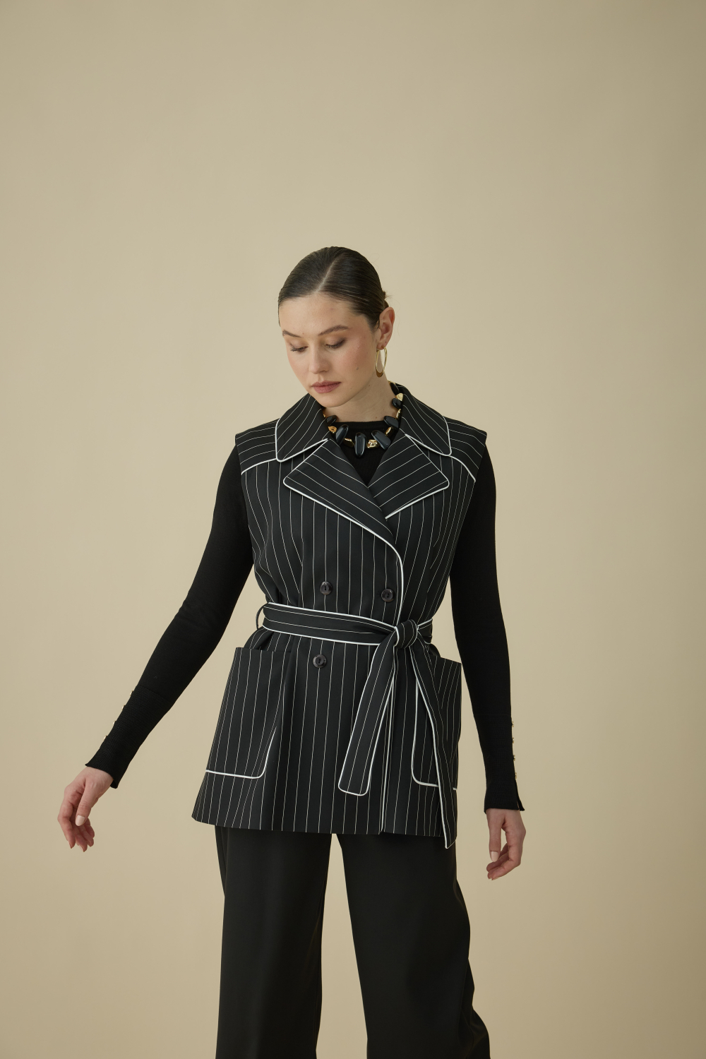 ÇİZGİLİ YELEK TAKIM SİYAH - 6