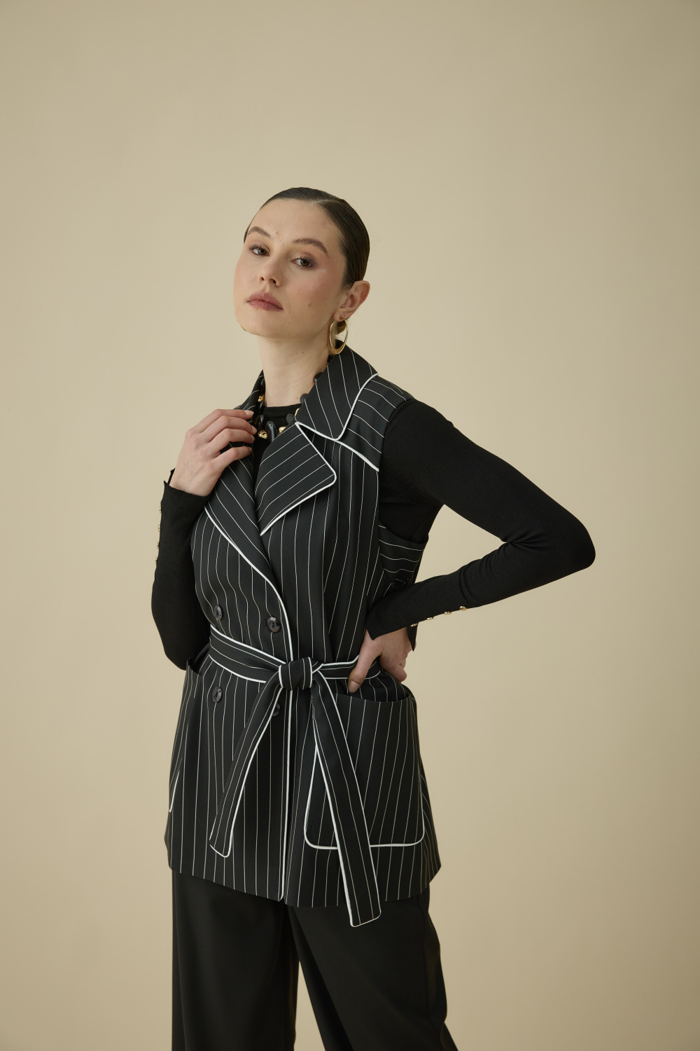 ÇİZGİLİ YELEK TAKIM SİYAH - 7