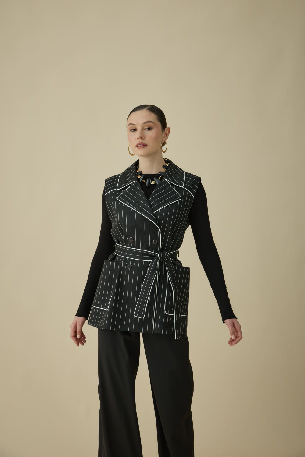 ÇİZGİLİ YELEK TAKIM SİYAH - 8