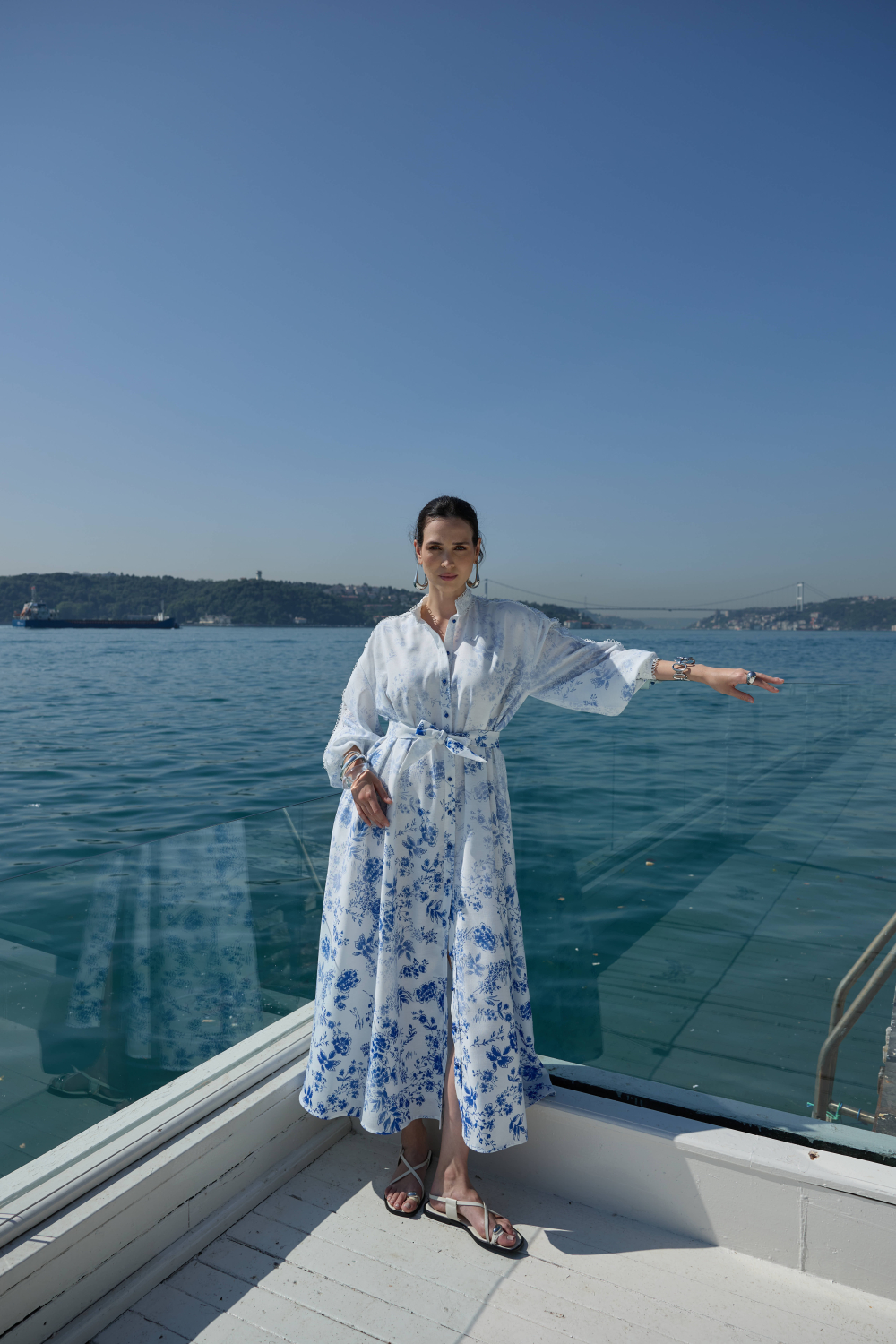 DEGRADE DESENLİ KETEN ELBİSE MAVİ - 6