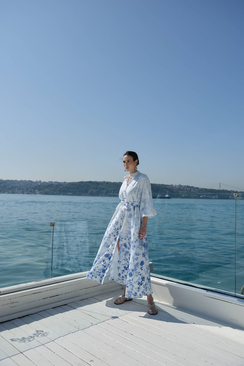 DEGRADE DESENLİ KETEN ELBİSE MAVİ - 7