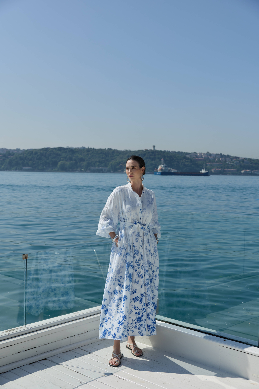 DEGRADE DESENLİ KETEN ELBİSE MAVİ - 1