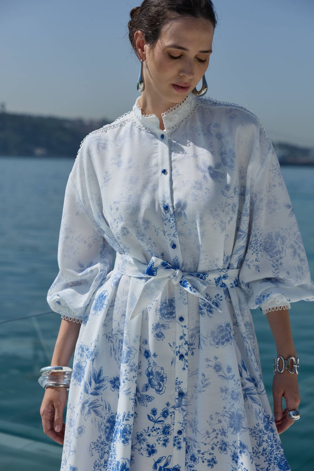 DEGRADE DESENLİ KETEN ELBİSE MAVİ - 5