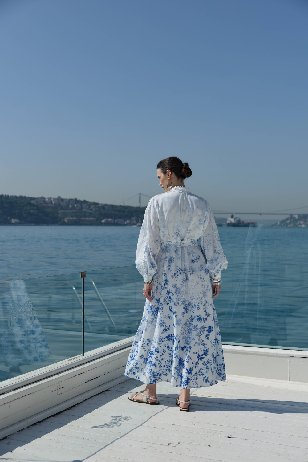 DEGRADE DESENLİ KETEN ELBİSE MAVİ - 9