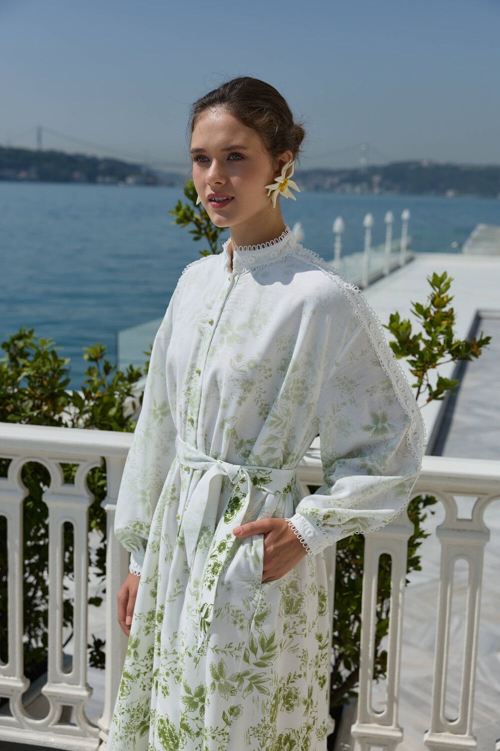 DEGRADE DESENLİ KETEN ELBİSE YEŞİL - 7