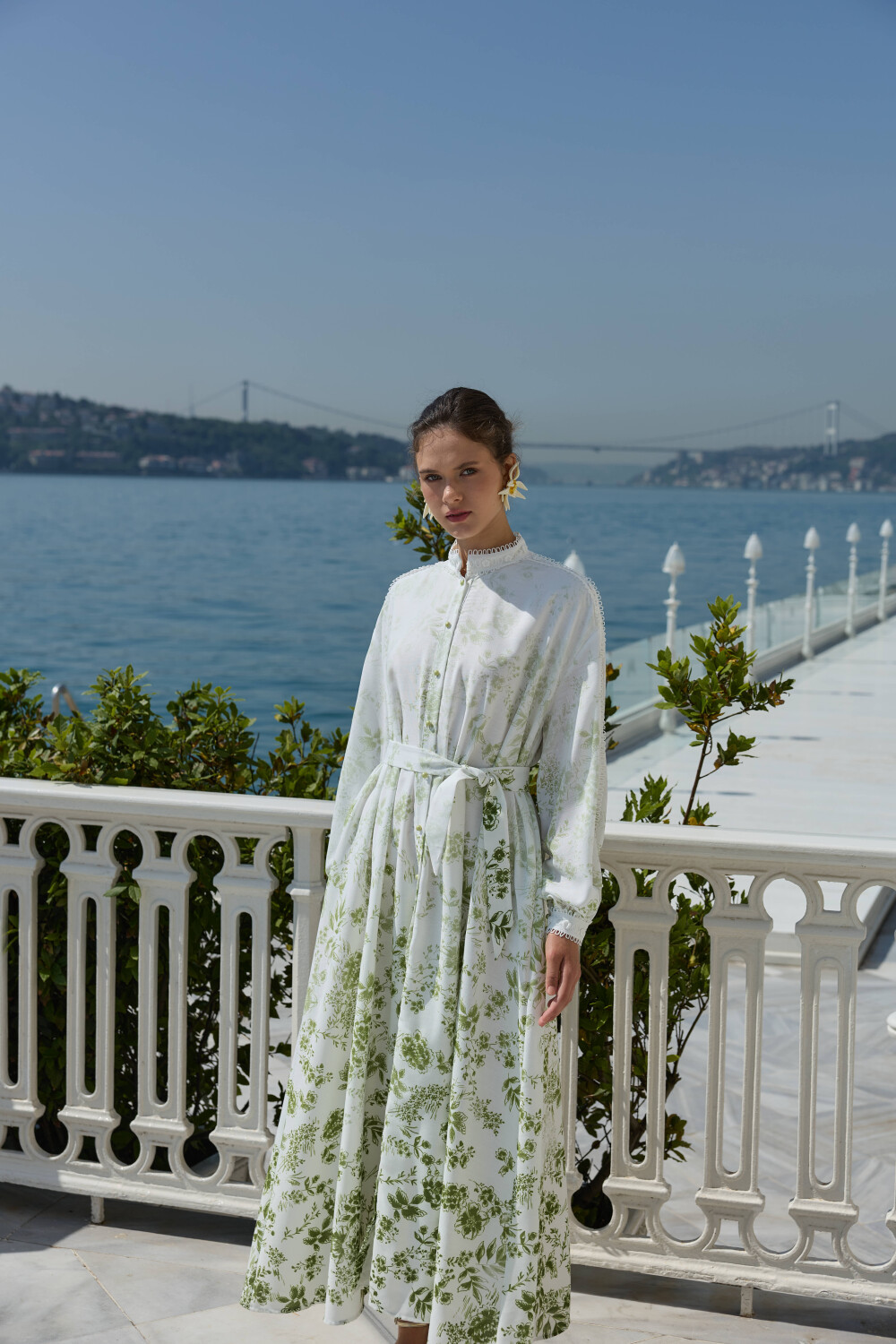DEGRADE DESENLİ KETEN ELBİSE YEŞİL 