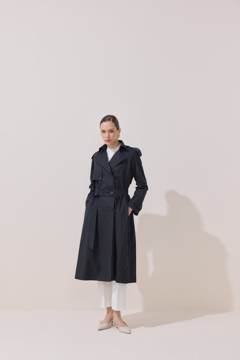 DÜĞME DETAYLI PREMİUM TRENÇKOT KOYU LACİVERT - 2