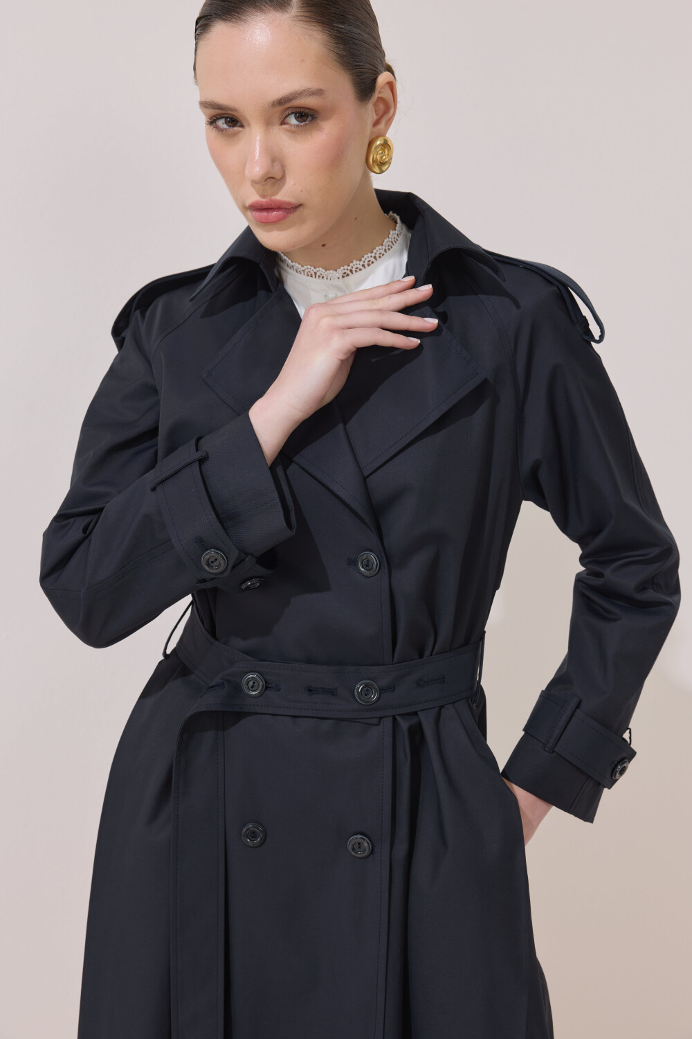 DÜĞME DETAYLI PREMİUM TRENÇKOT KOYU LACİVERT - 