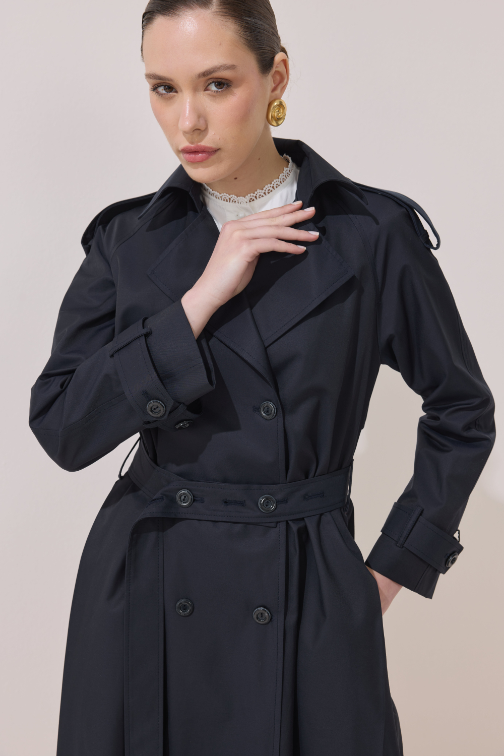 DÜĞME DETAYLI PREMİUM TRENÇKOT KOYU LACİVERT - 1