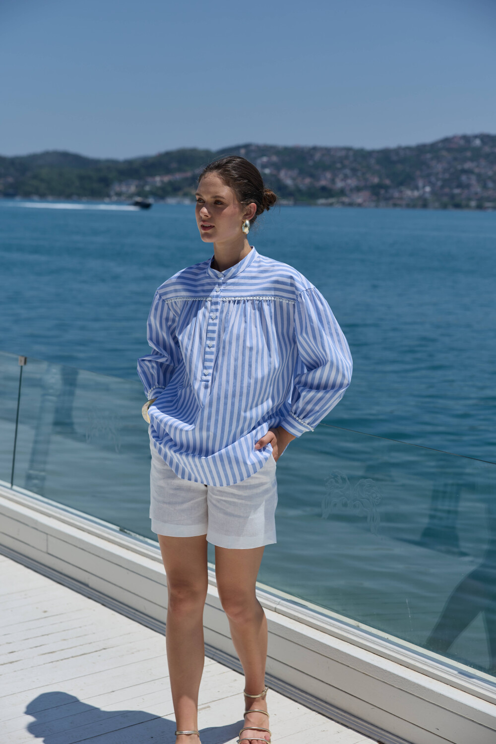 FİSTOLU ÇİZGİLİ GÖMLEK MAVİ - 3