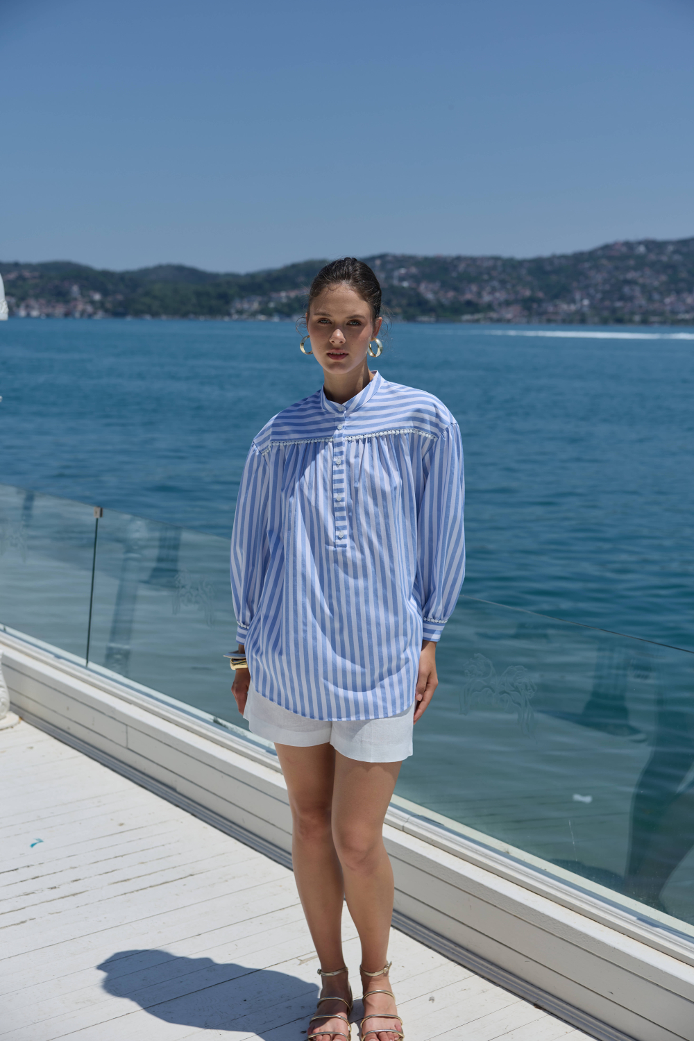 FİSTOLU ÇİZGİLİ GÖMLEK MAVİ - 7