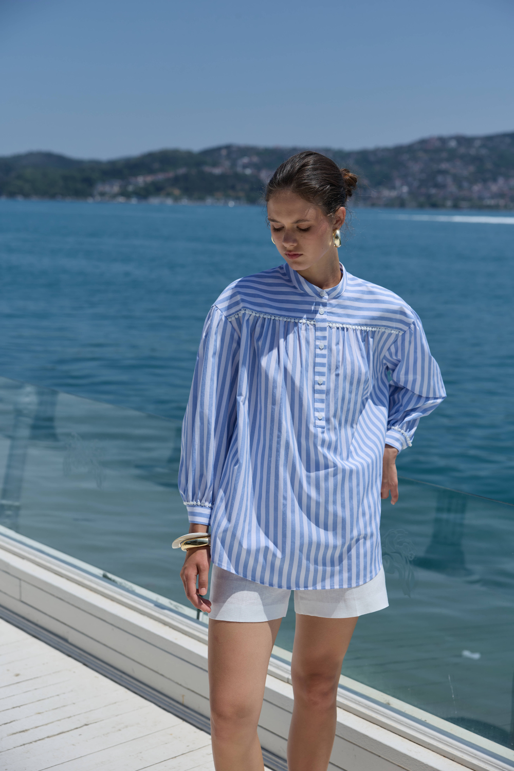 FİSTOLU ÇİZGİLİ GÖMLEK MAVİ - 1