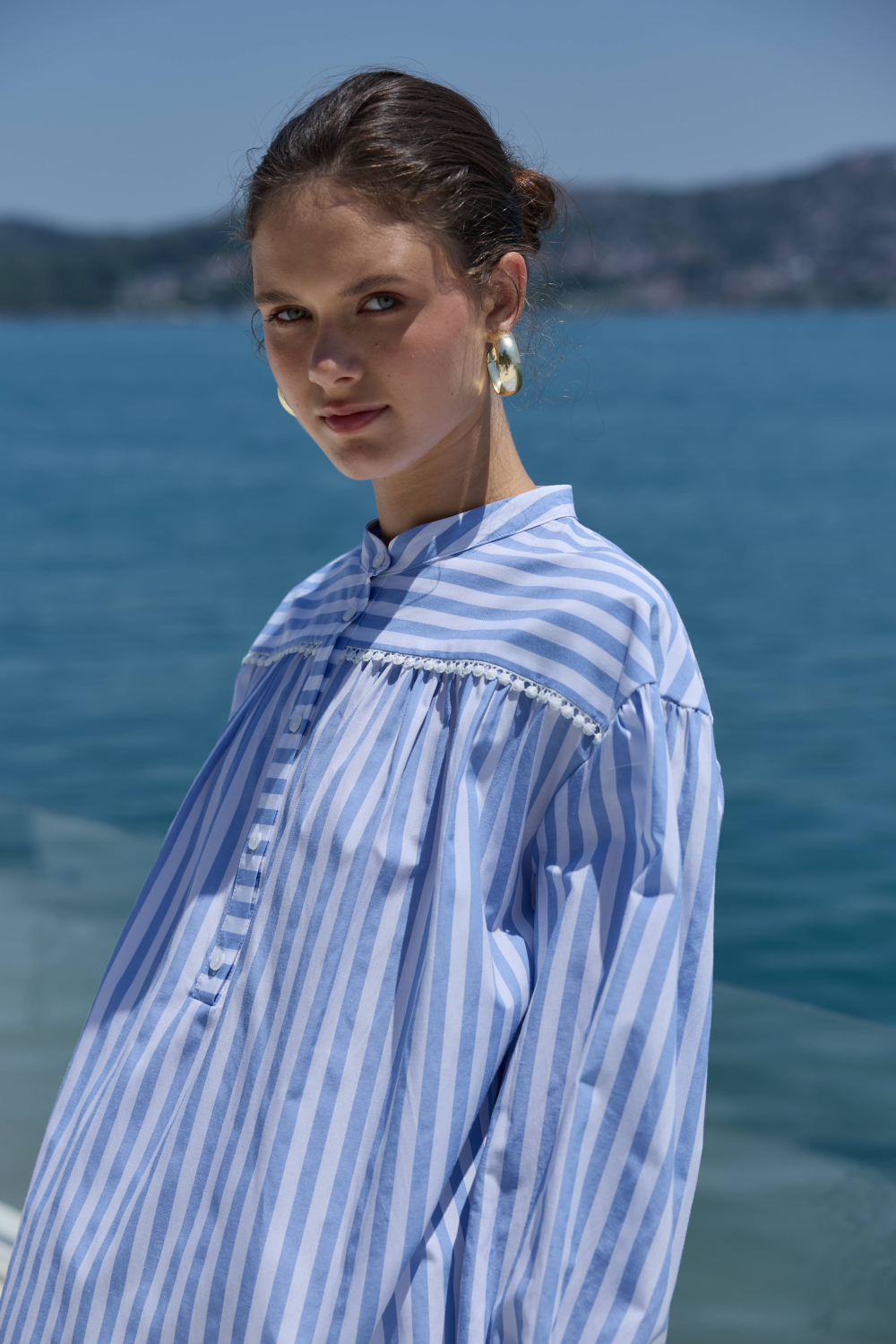 FİSTOLU ÇİZGİLİ GÖMLEK MAVİ - 5