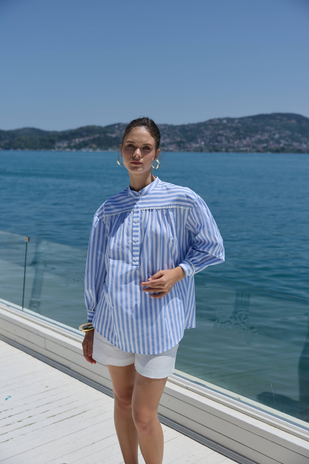 FİSTOLU ÇİZGİLİ GÖMLEK MAVİ - 2