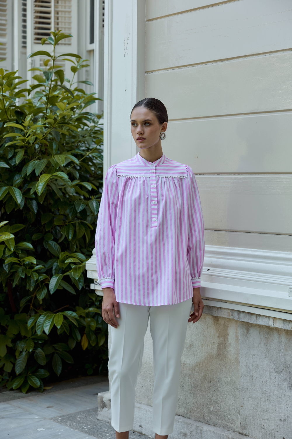 FİSTOLU ÇİZGİLİ GÖMLEK PEMBE - 1