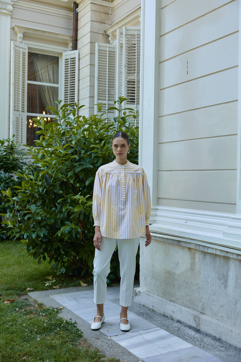 FİSTOLU ÇİZGİLİ GÖMLEK SARI - 2