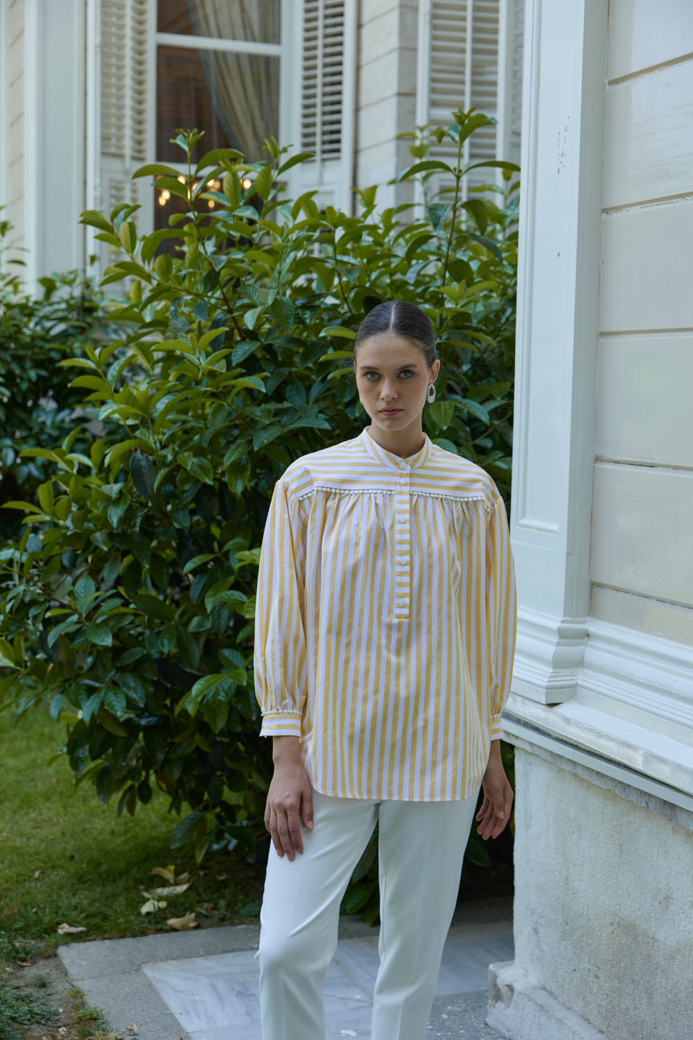 FİSTOLU ÇİZGİLİ GÖMLEK SARI - 1