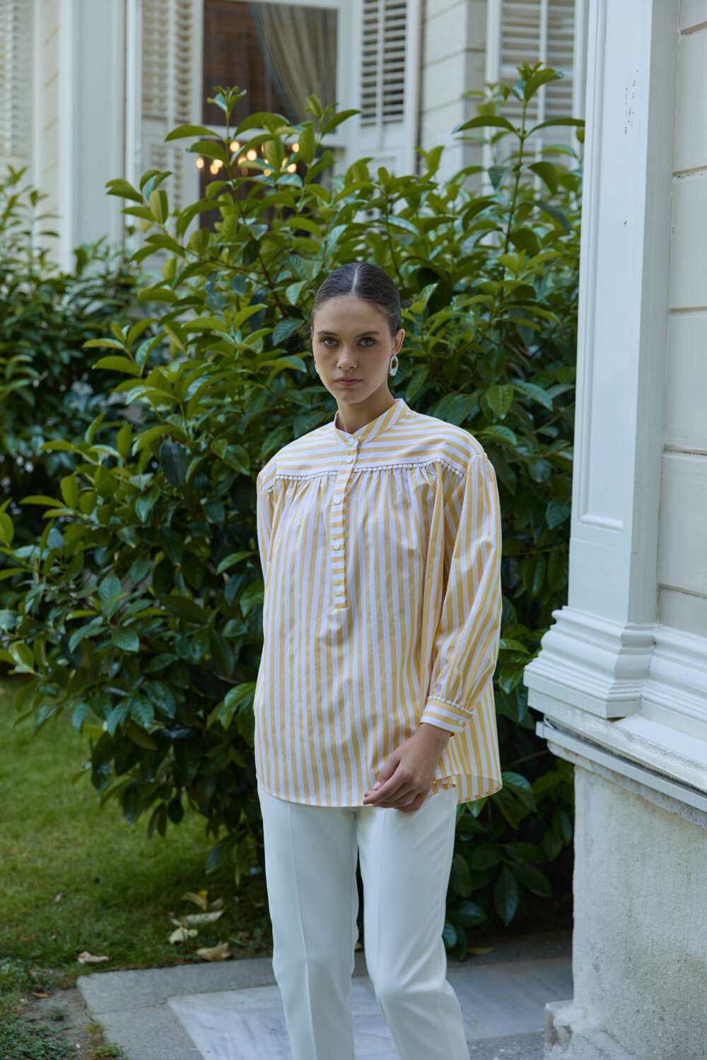 FİSTOLU ÇİZGİLİ GÖMLEK SARI - 3