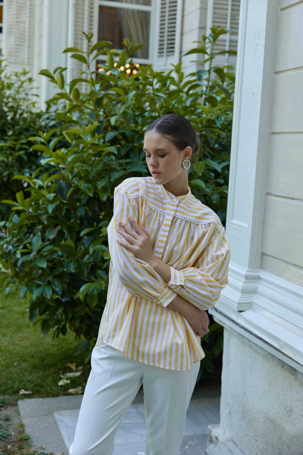 FİSTOLU ÇİZGİLİ GÖMLEK SARI - 4