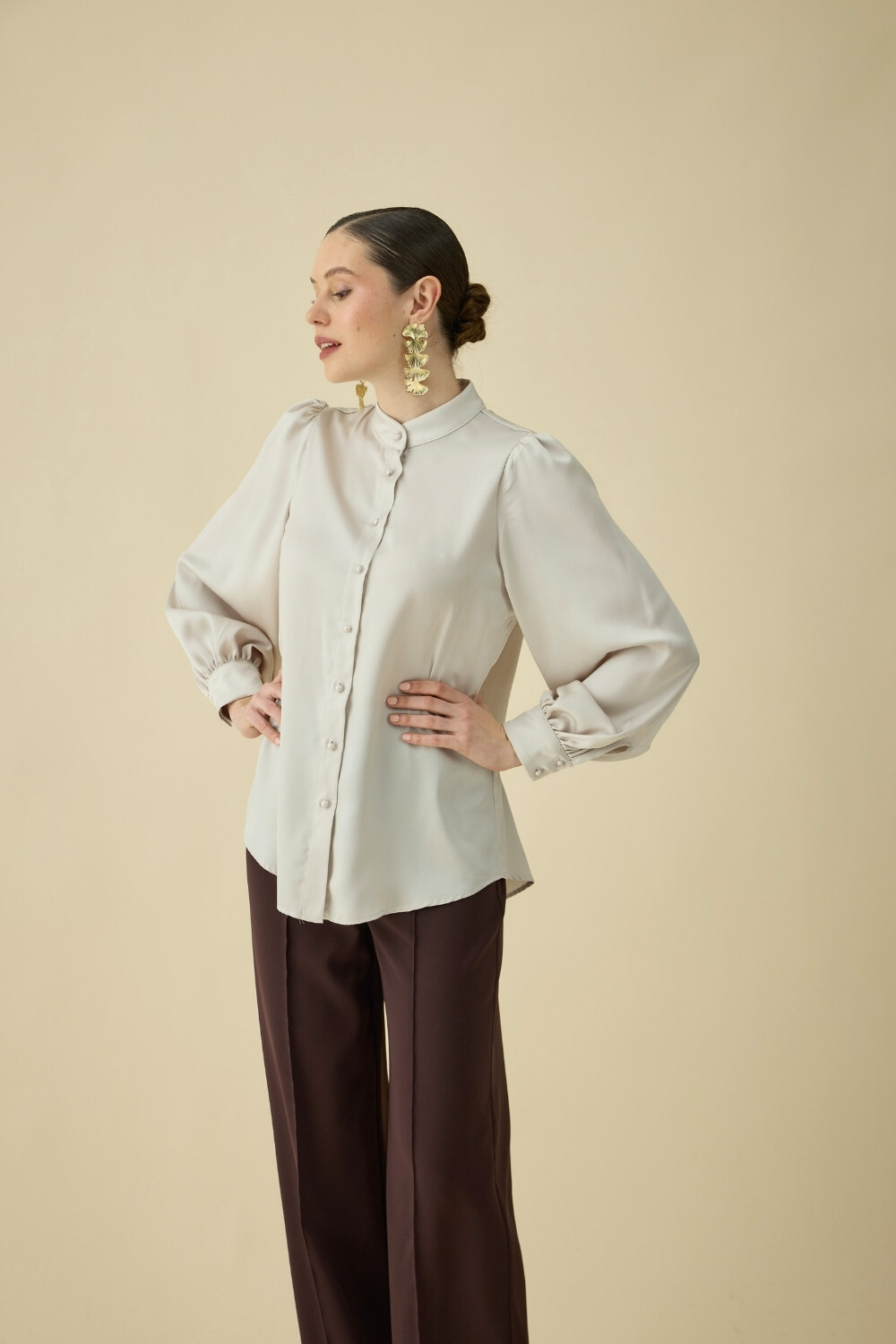 FULARLI SATEN BLUZ BEJ - 6