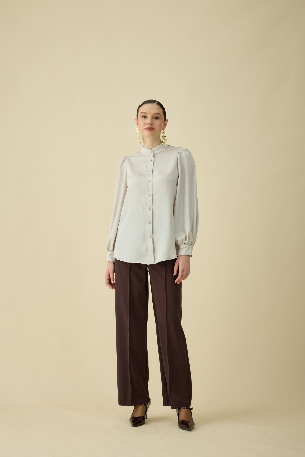 FULARLI SATEN BLUZ BEJ - 3