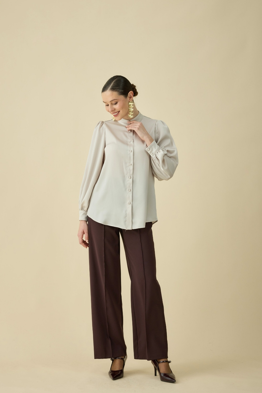 FULARLI SATEN BLUZ BEJ - 7