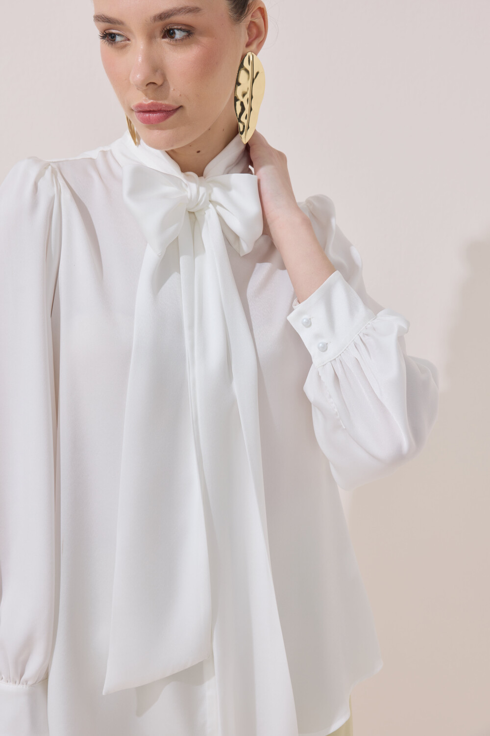 FULARLI SATEN BLUZ EKRU - 2