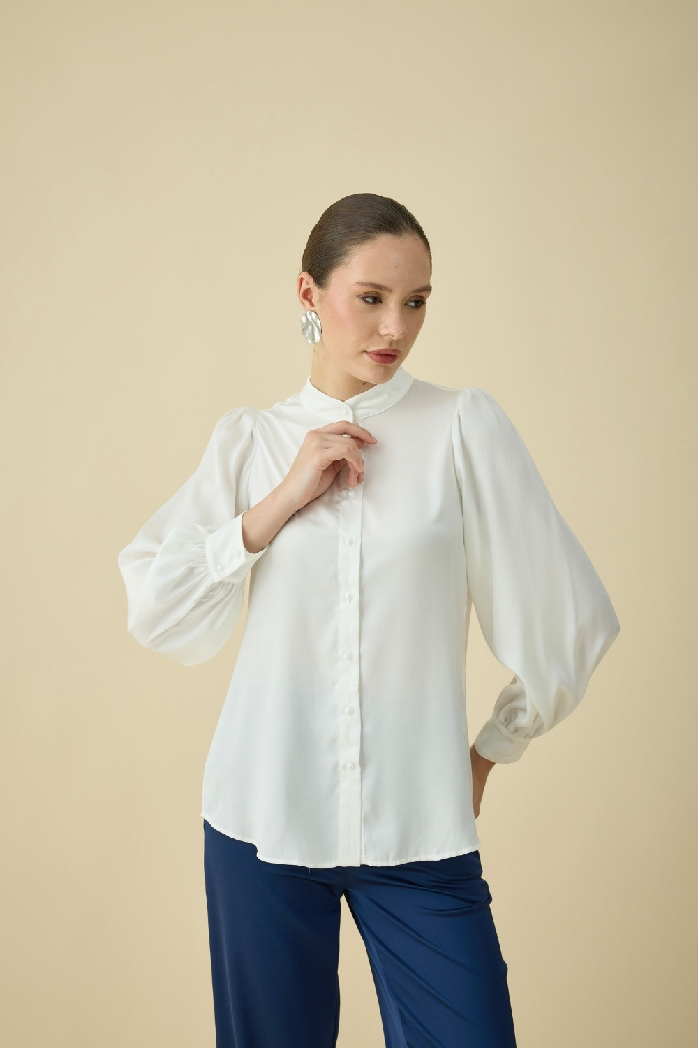 FULARLI SATEN BLUZ EKRU - 2