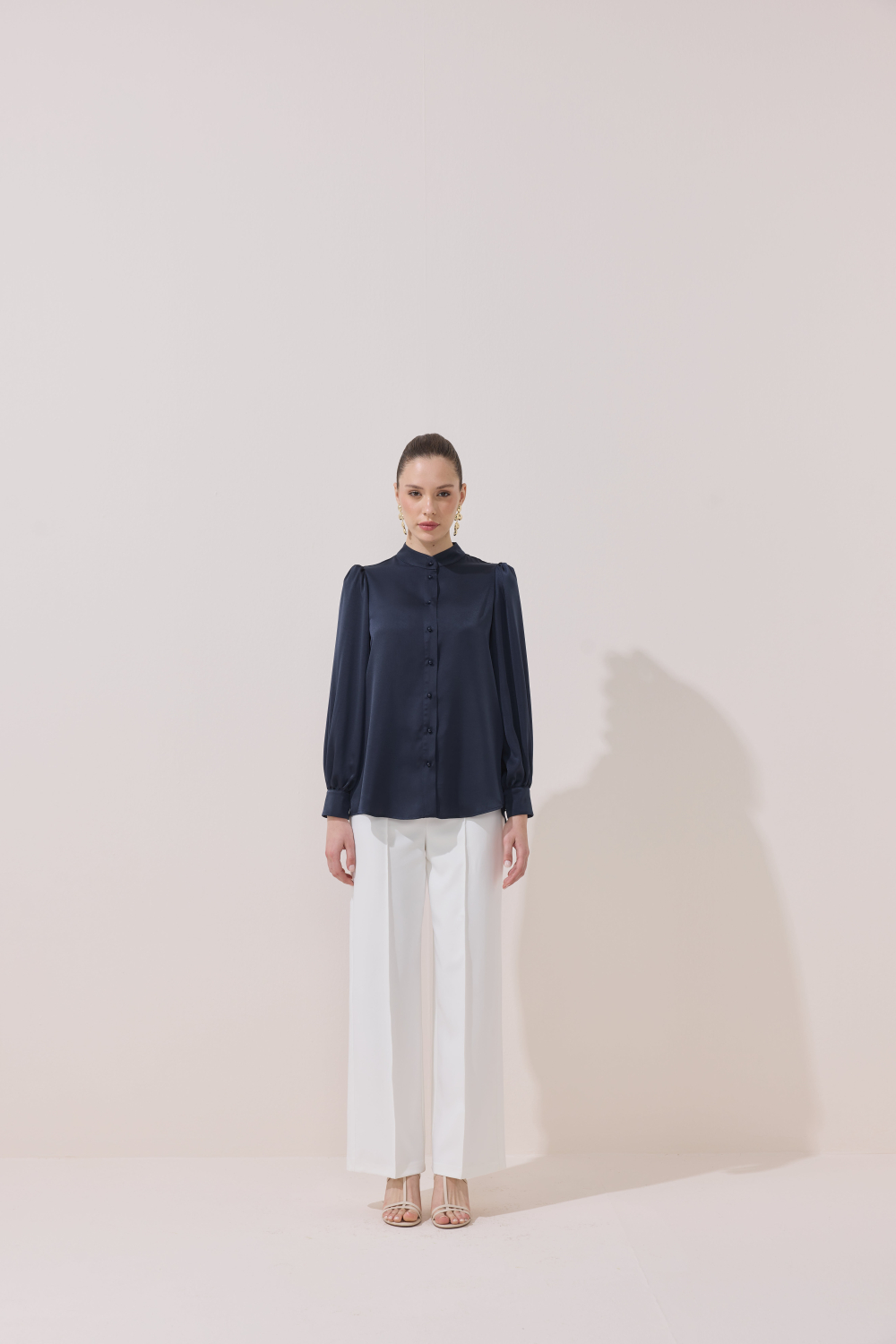 FULARLI SATEN BLUZ LACİVERT - 7