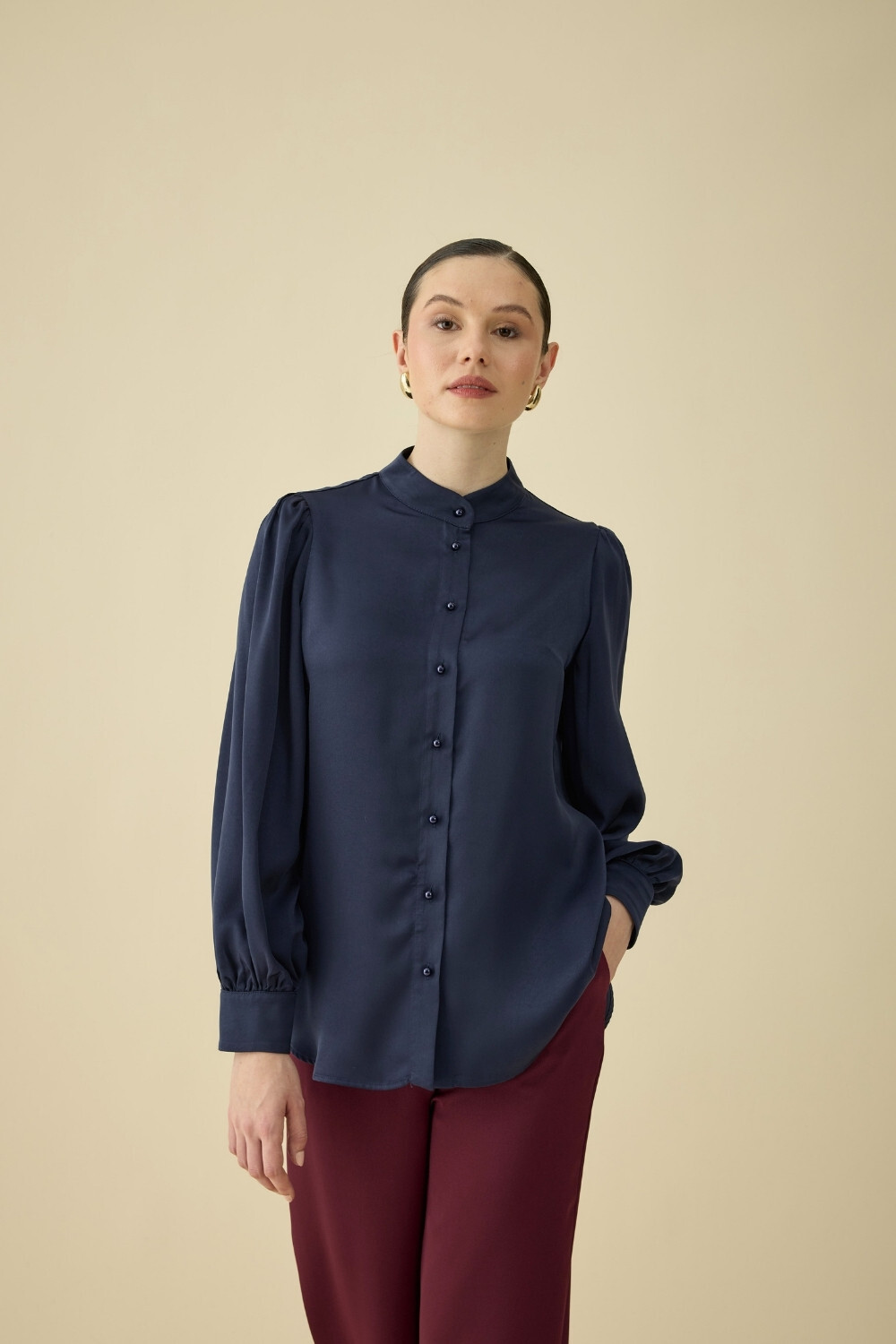 FULARLI SATEN BLUZ LACİVERT - 2