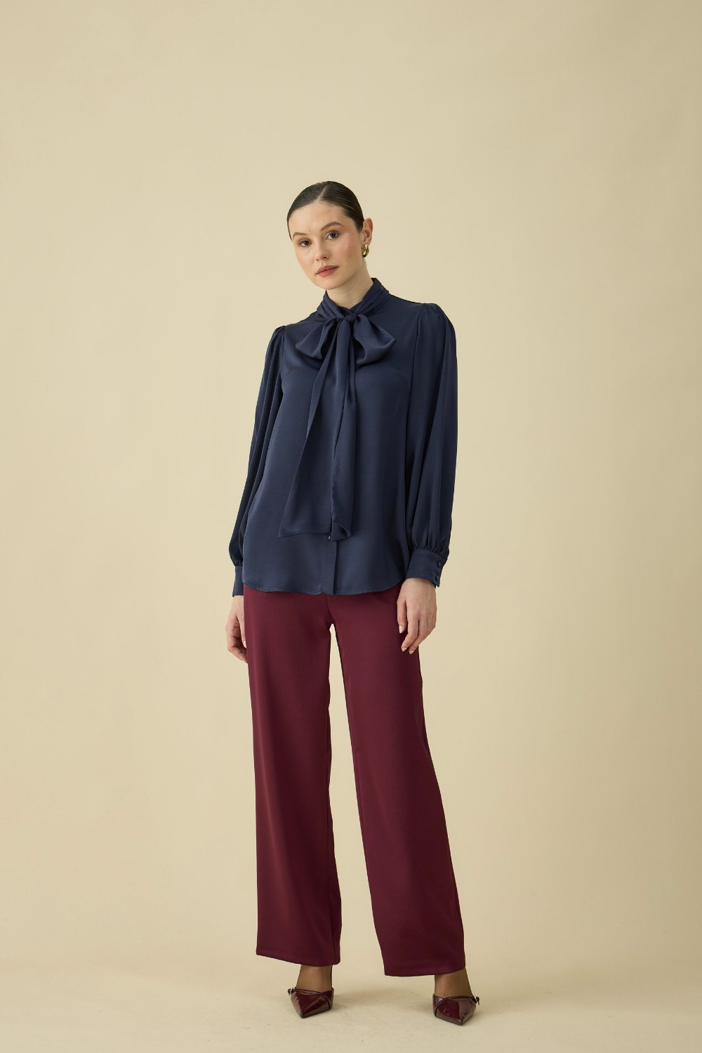 FULARLI SATEN BLUZ LACİVERT - 5