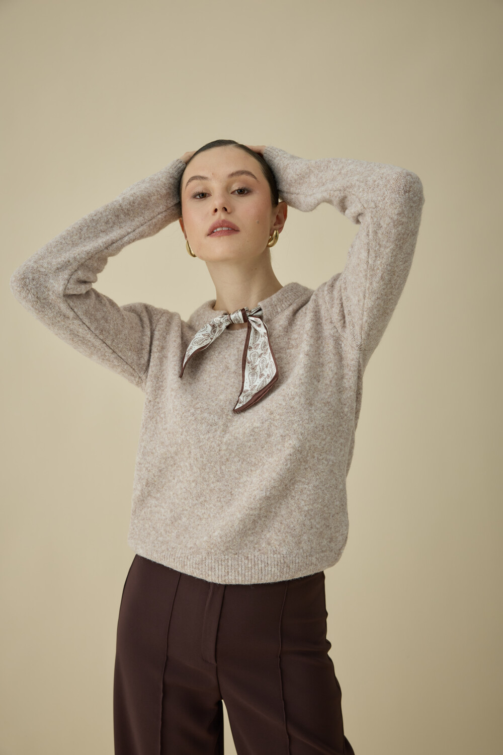 FULARLI TRİKO BLUZ BEJ - 7