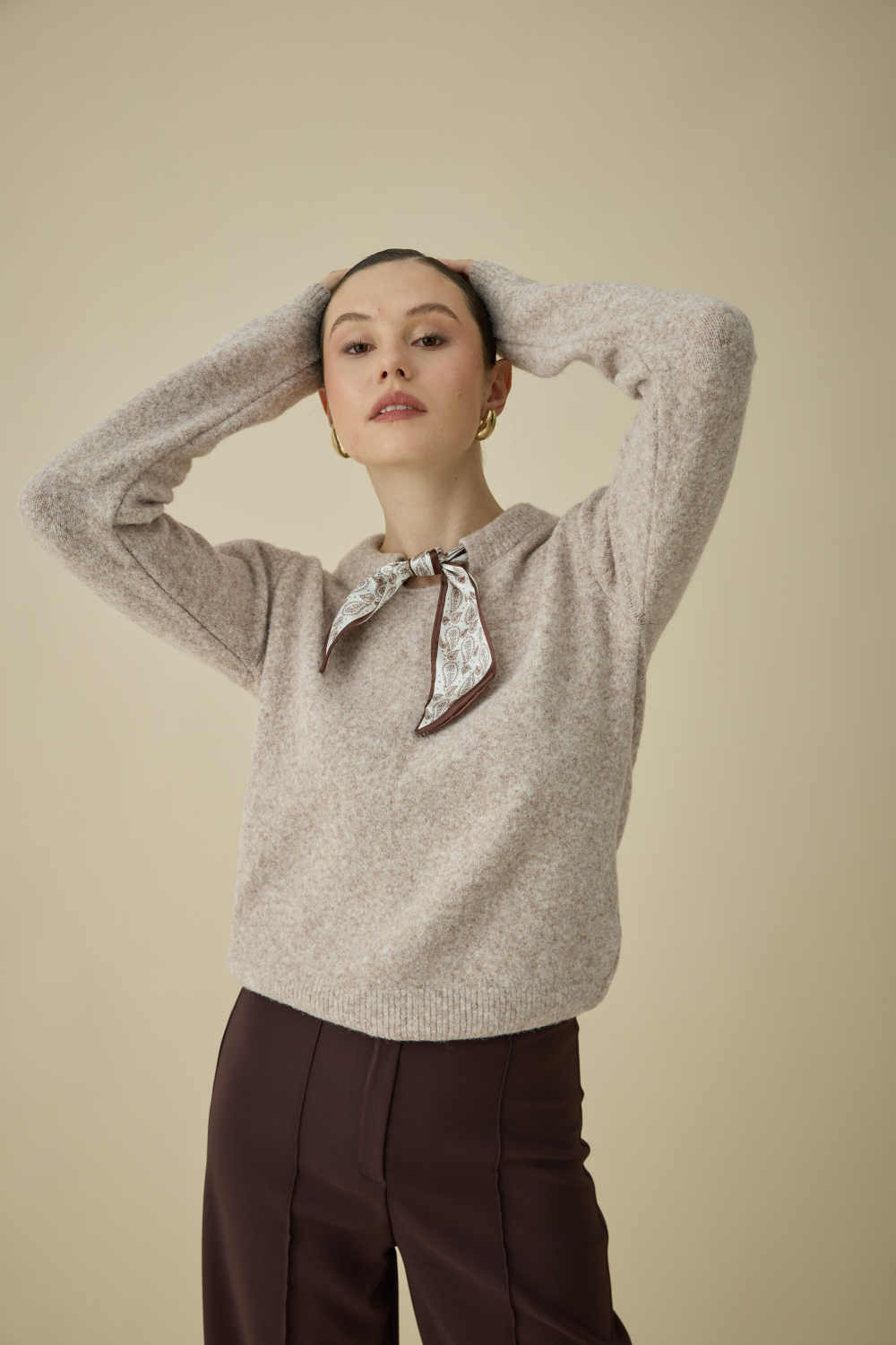 FULARLI TRİKO BLUZ BEJ - 7