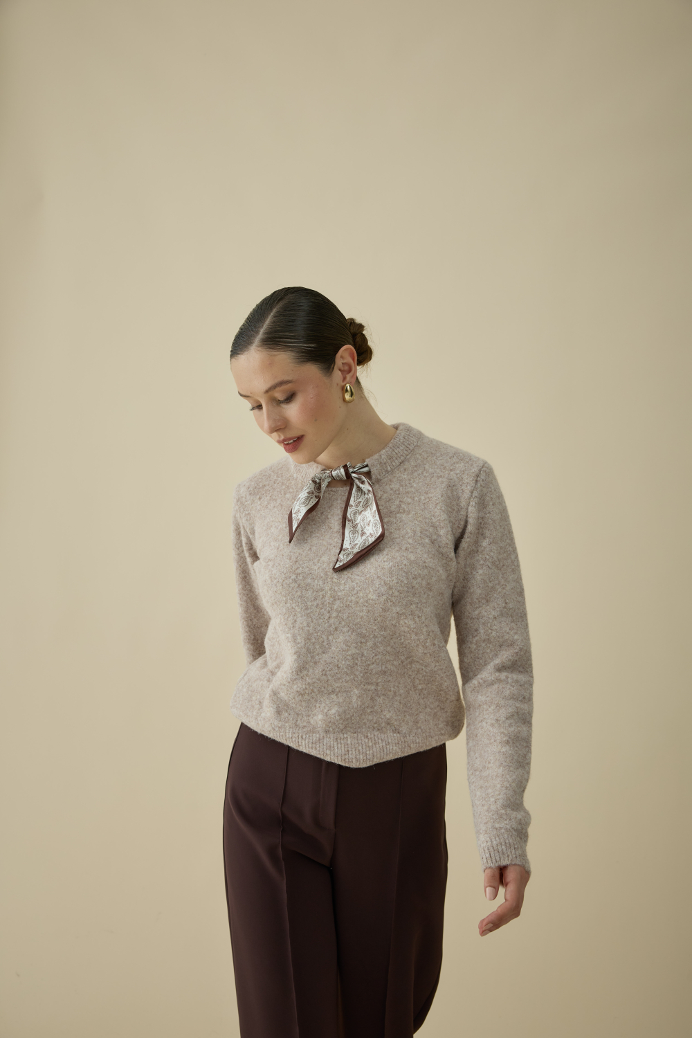 FULARLI TRİKO BLUZ BEJ - 8