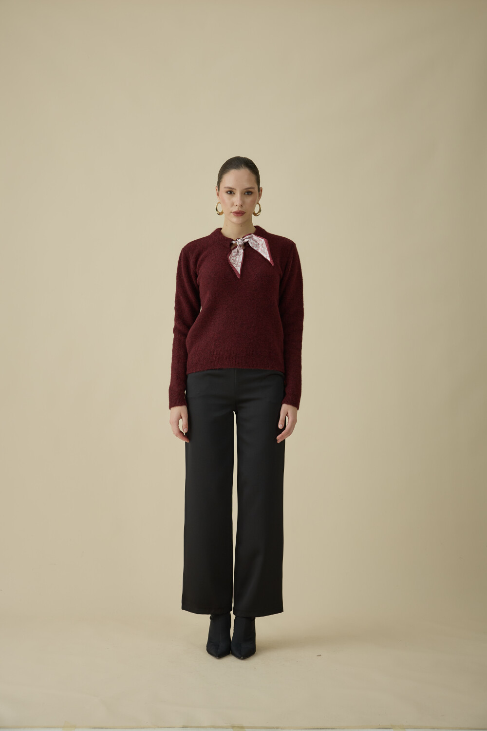 FULARLI TRİKO BLUZ BORDO - 2