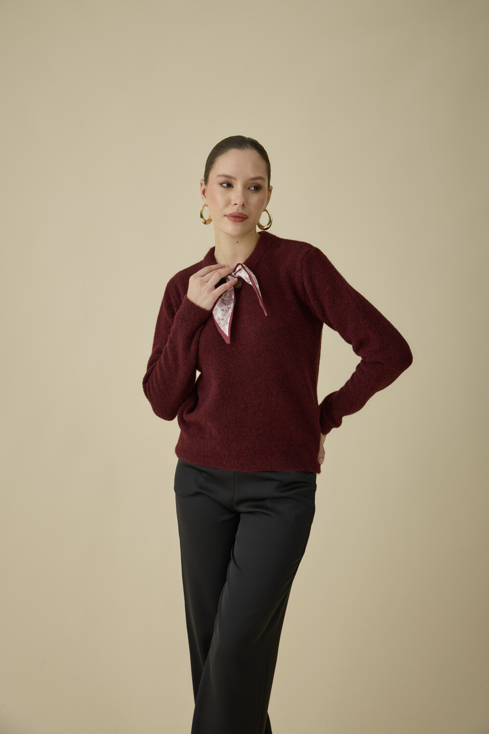 FULARLI TRİKO BLUZ BORDO - 4