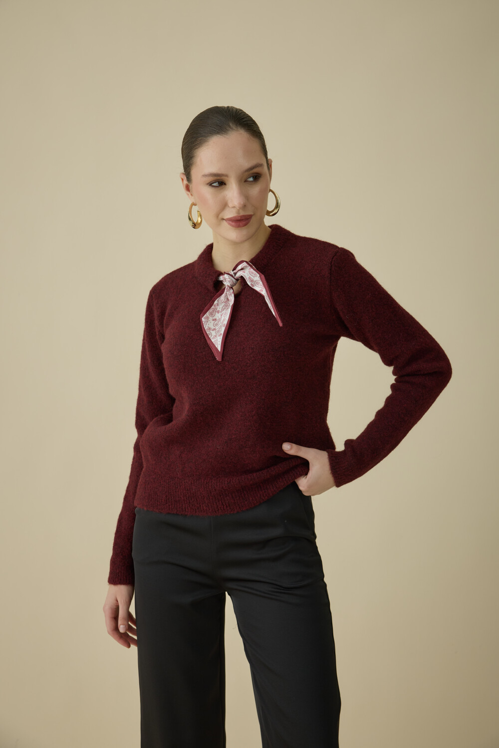 FULARLI TRİKO BLUZ BORDO - 5