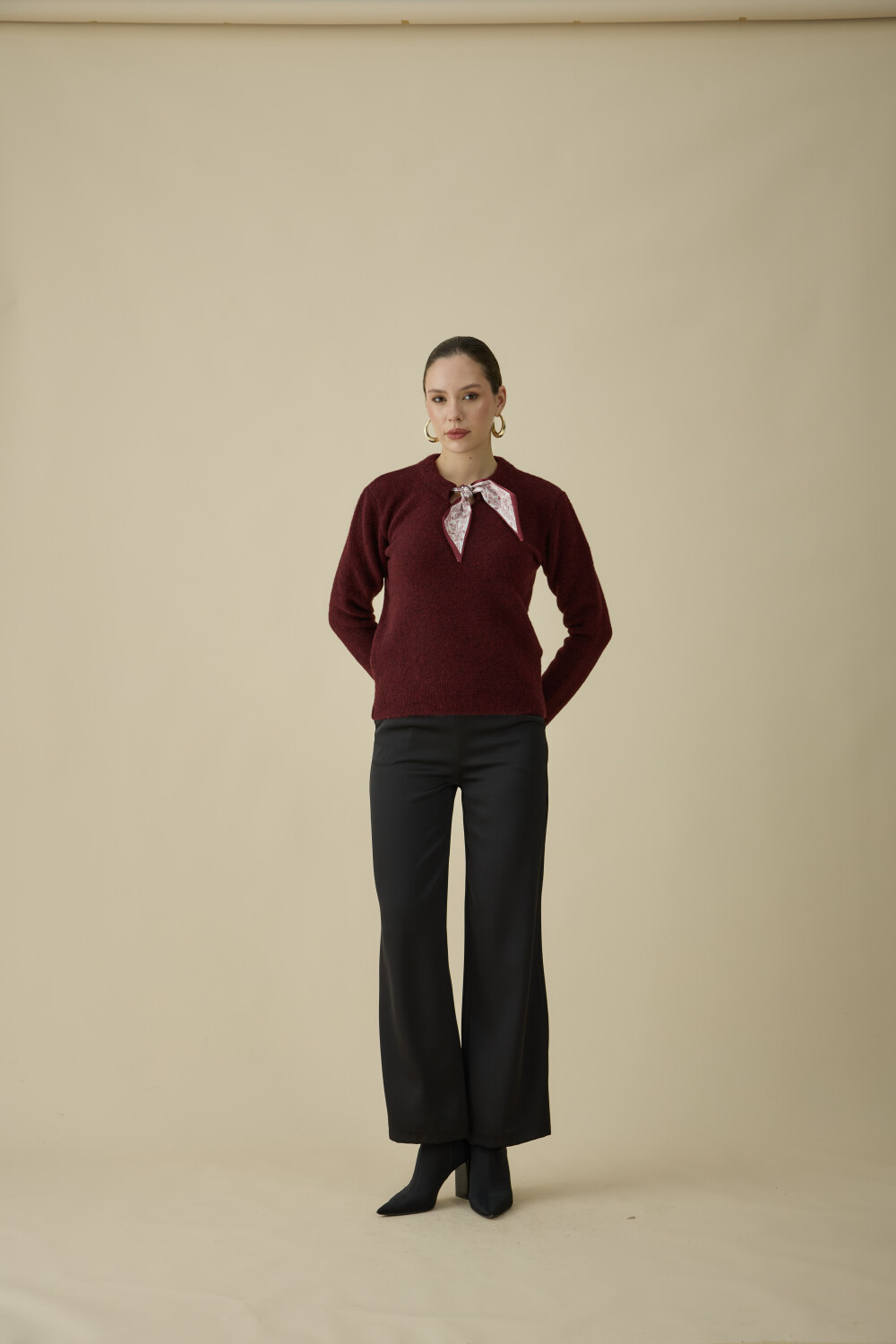 FULARLI TRİKO BLUZ BORDO - 6