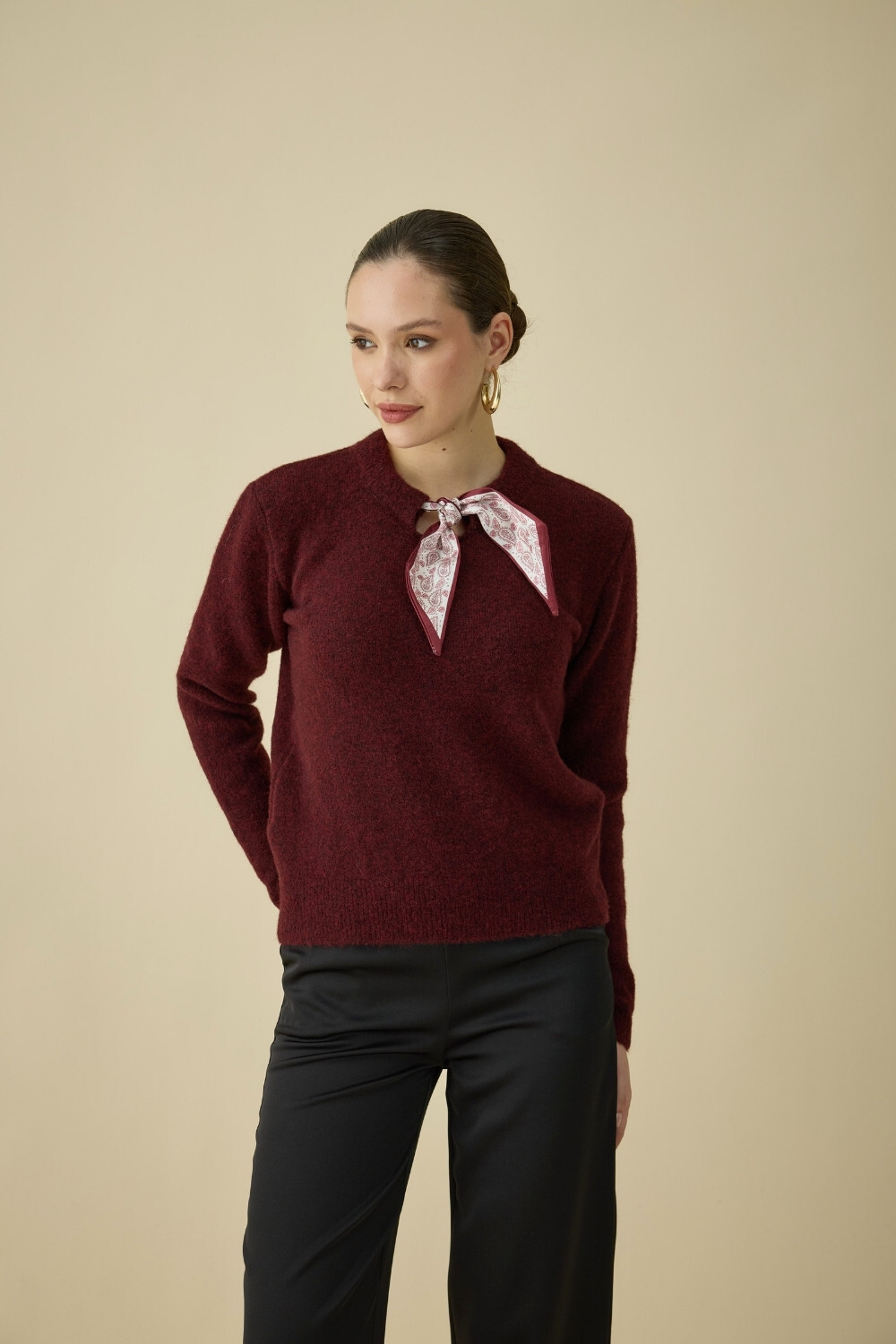 FULARLI TRİKO BLUZ BORDO - 