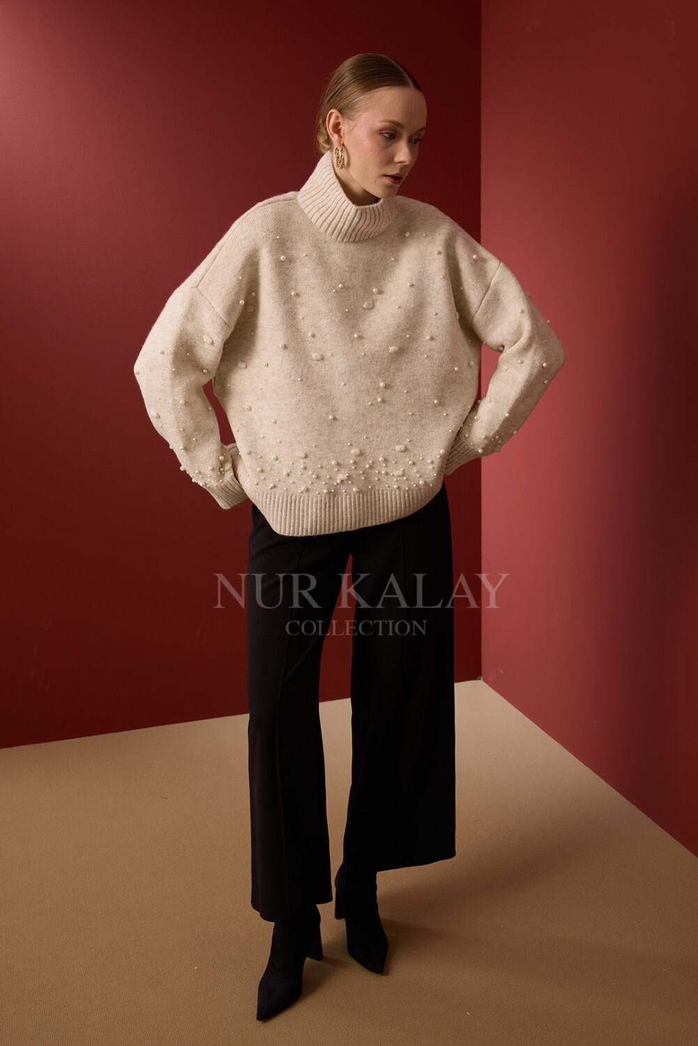 İNCİ DETAYLI TRİKO KAZAK MELANJ - 4