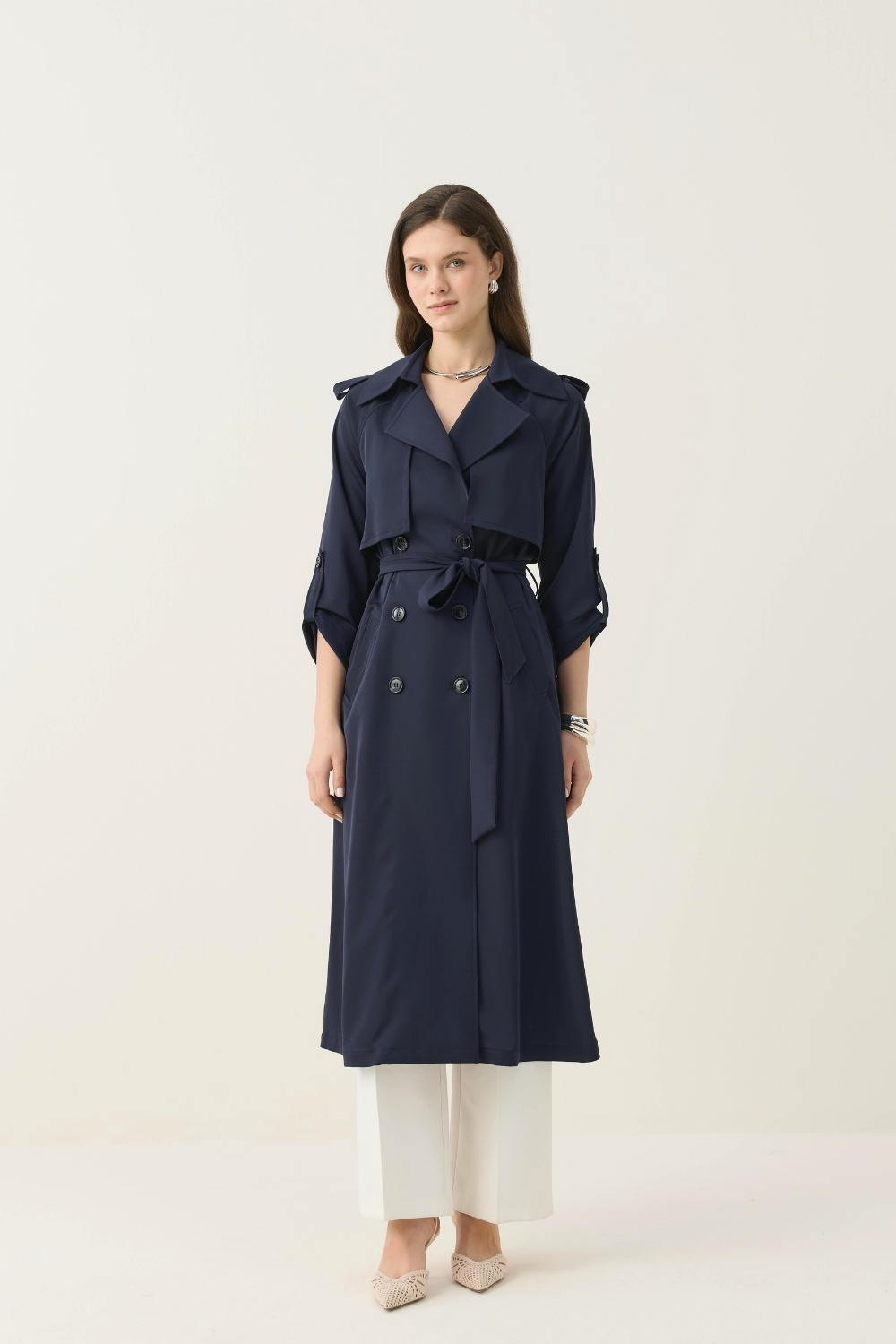 İPEKSİ DOKULU ASTARSIZ YAZLIK TRENÇKOT LACİVERT - 1