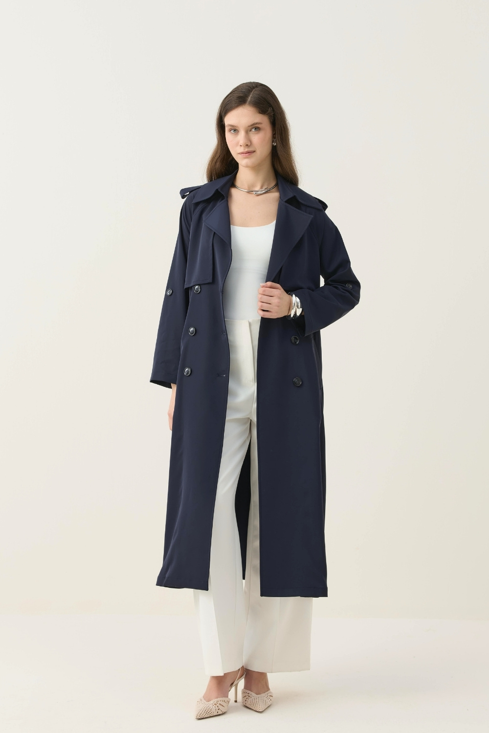 İPEKSİ DOKULU ASTARSIZ YAZLIK TRENÇKOT LACİVERT - 6