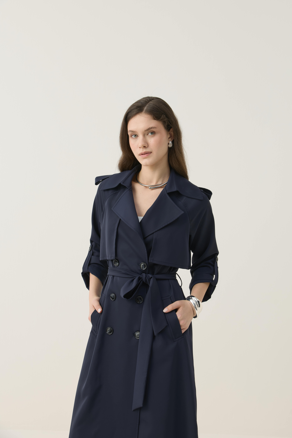 İPEKSİ DOKULU ASTARSIZ YAZLIK TRENÇKOT LACİVERT - 3