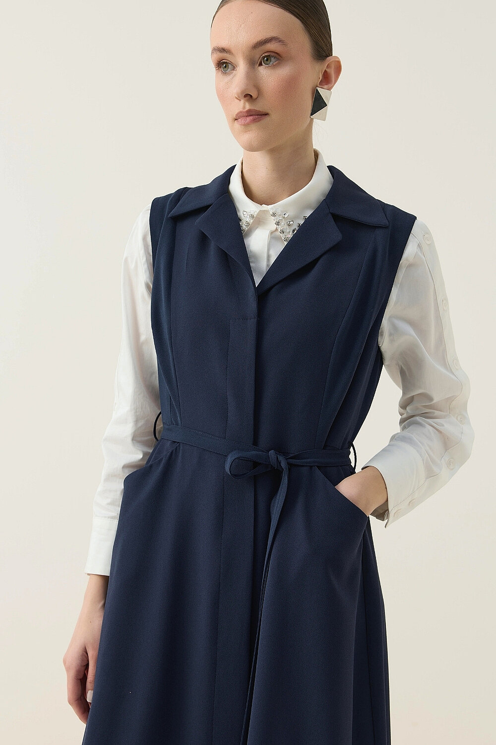 KREP KOLSUZ ELBİSE LACİVERT - 5