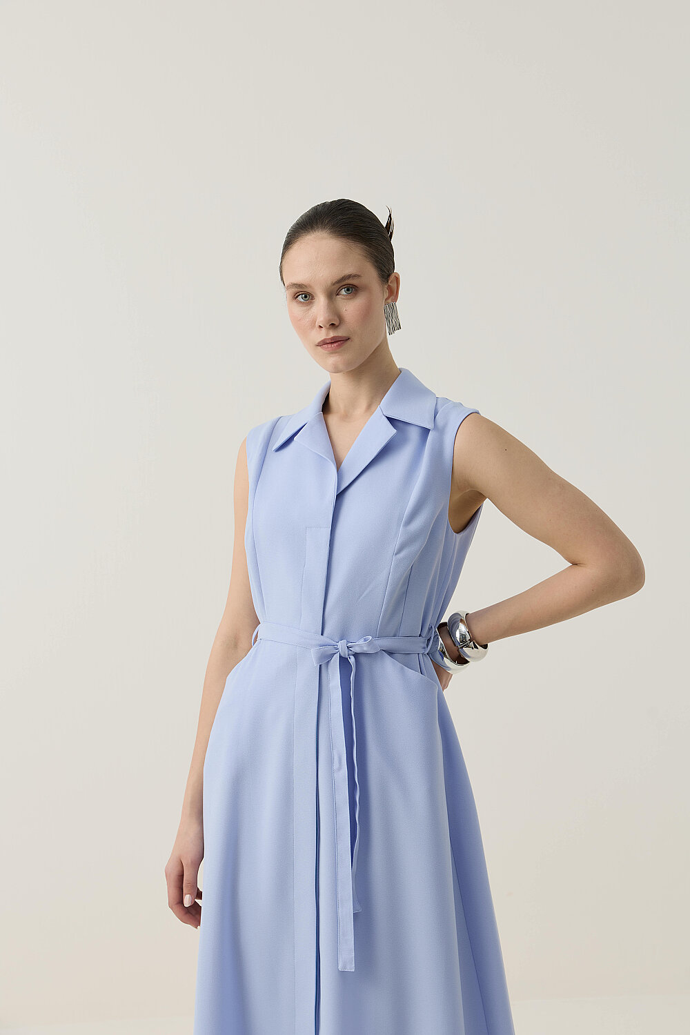 KREP KOLSUZ ELBİSE MAVİ - 5